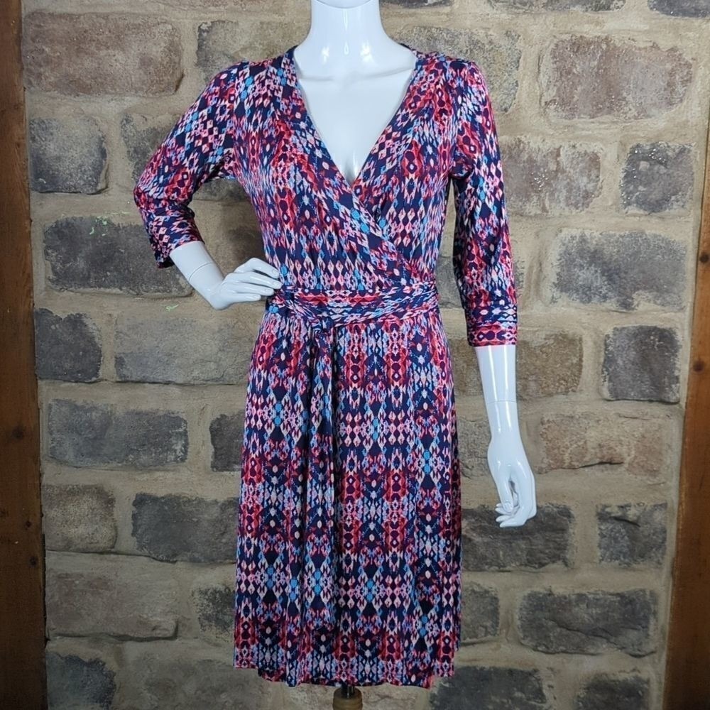 Melissa Masse Women's Wrap Dress Small Navy Red Ikat Geometric USA Boho